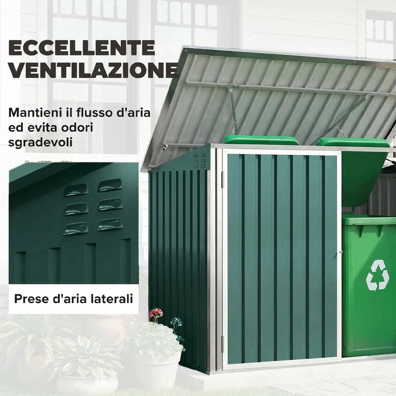 Capanno da Giardino Organizer per Bidoni Spazzatura 179,5x108x129,5 cm in Acciaio Zincato Verde
