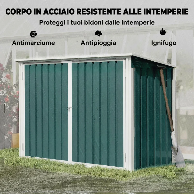 Capanno da Giardino Organizer per Bidoni Spazzatura 179,5x108x129,5 cm in Acciaio Zincato Verde