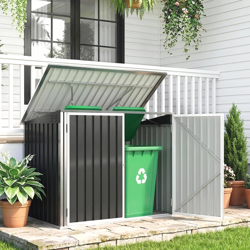 Capanno da Giardino Organizer per Bidoni Spazzatura 179,5x108x129,5 cm in Acciaio Zincato Grigio Scuro