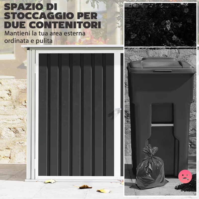 Capanno da Giardino Organizer per Bidoni Spazzatura 179,5x108x129,5 cm in Acciaio Zincato Grigio Scuro