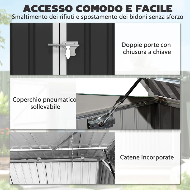 Capanno da Giardino Organizer per Bidoni Spazzatura 179,5x108x129,5 cm in Acciaio Zincato Grigio Scuro