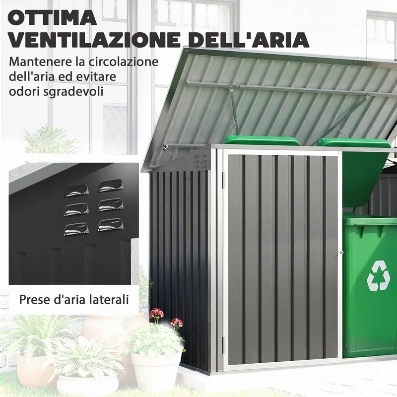 Capanno da Giardino Organizer per Bidoni Spazzatura 179,5x108x129,5 cm in Acciaio Zincato Grigio Scuro