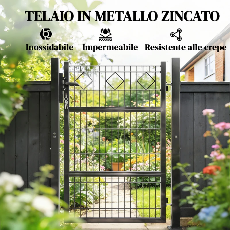 Cancello 100x6x131 cm Serratura e Chiavi con 2 Montanti in Metallo Galvanizzato Nero