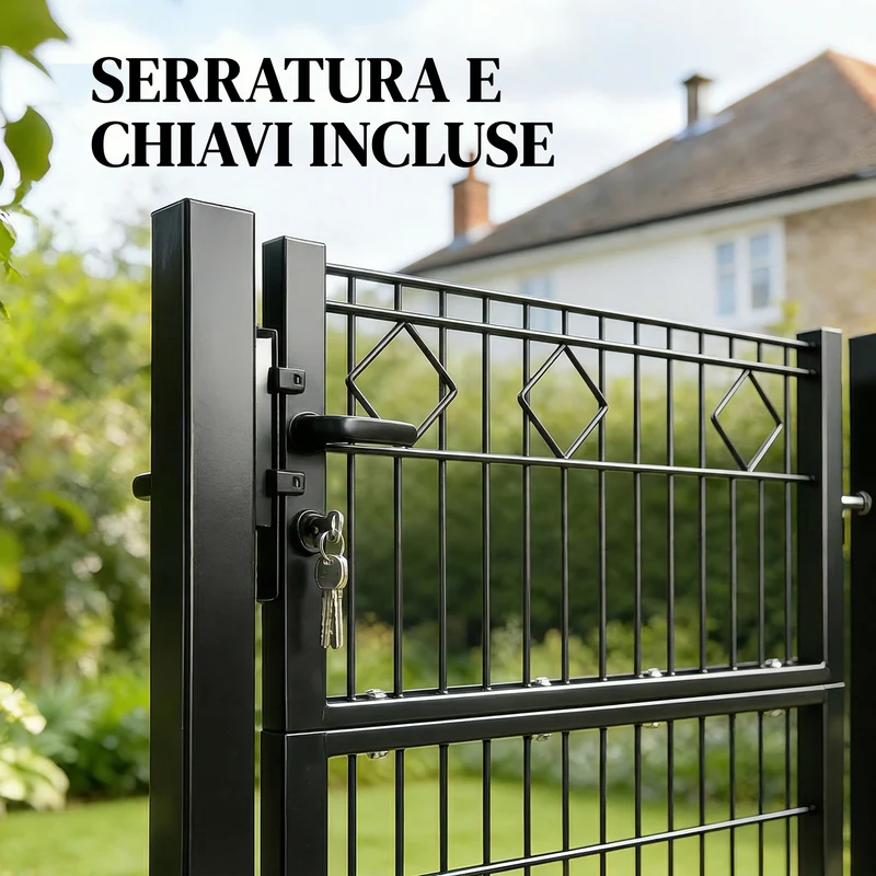 Cancello 100x6x131 cm Serratura e Chiavi con 2 Montanti in Metallo Galvanizzato Nero