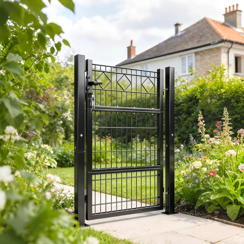 Cancello 100x6x131 cm Serratura e Chiavi con 2 Montanti in Metallo Galvanizzato Nero