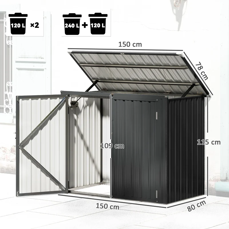 Armadio Box Copri Bidoni da Esterno 150x80x117-115 cm con 2 Porte Bloccabili e Tetto Apribile in Acciaio Grigio