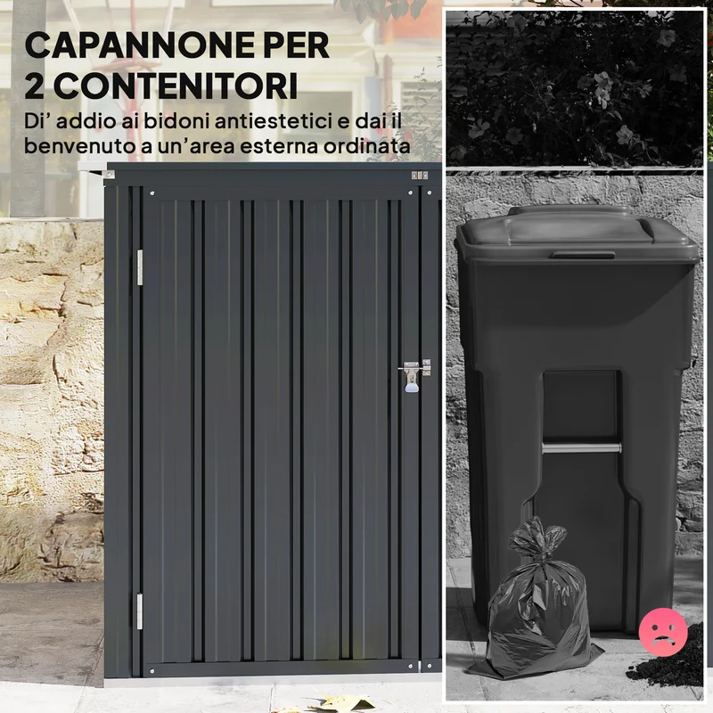 Armadio Box Copri Bidoni da Esterno 150x80x117-115 cm con 2 Porte Bloccabili e Tetto Apribile in Acciaio Grigio