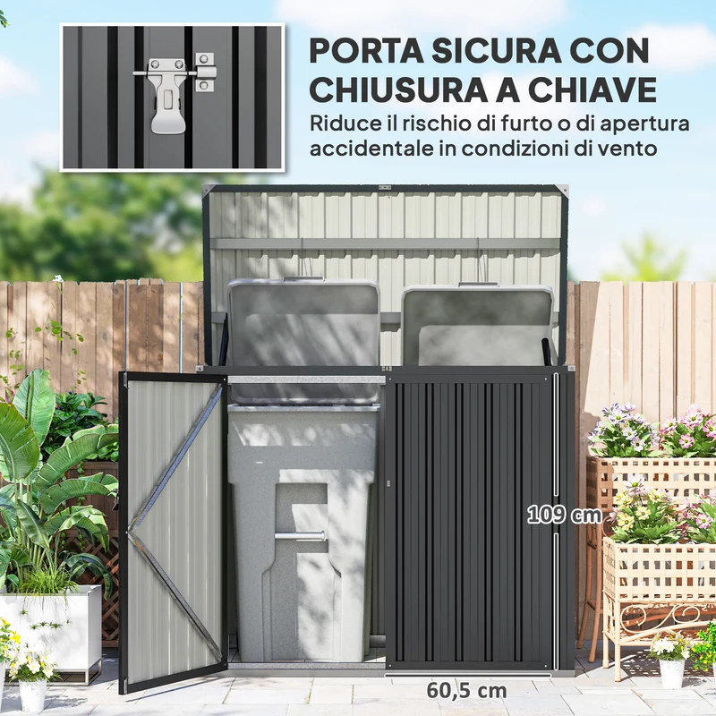 Armadio Box Copri Bidoni da Esterno 150x80x117-115 cm con 2 Porte Bloccabili e Tetto Apribile in Acciaio Grigio