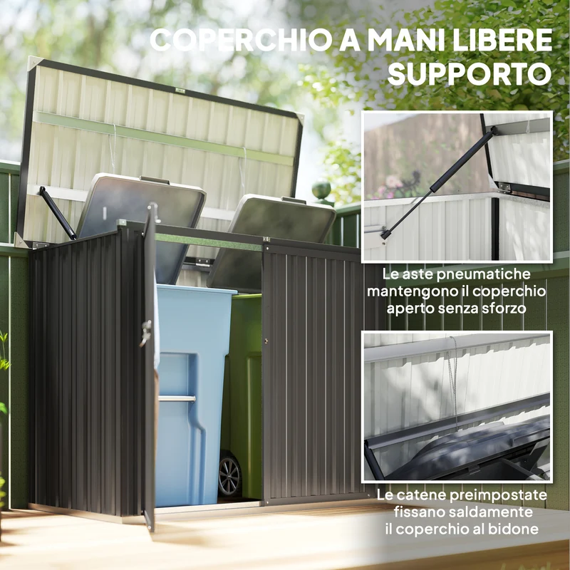 Armadio Box Copri Bidoni da Esterno 150x80x117-115 cm con 2 Porte Bloccabili e Tetto Apribile in Acciaio Grigio