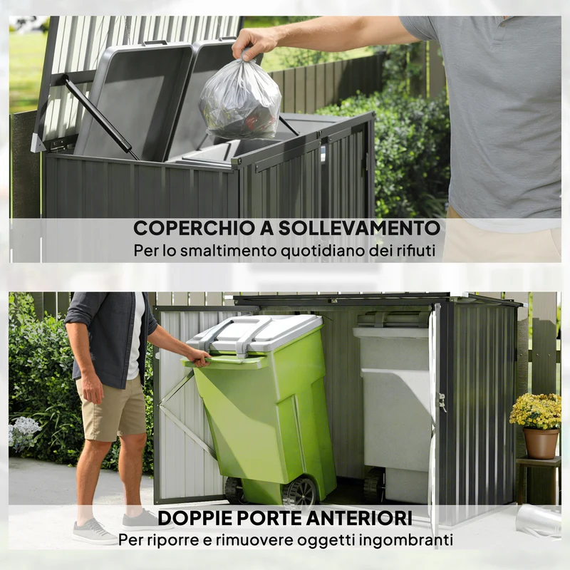 Armadio Box Copri Bidoni da Esterno 150x80x117-115 cm con 2 Porte Bloccabili e Tetto Apribile in Acciaio Grigio