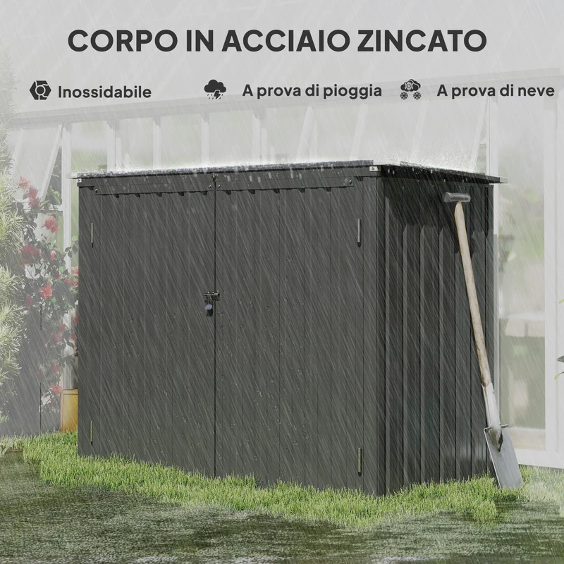 Armadio Box Copri Bidoni da Esterno 150x80x117-115 cm con 2 Porte Bloccabili e Tetto Apribile in Acciaio Grigio