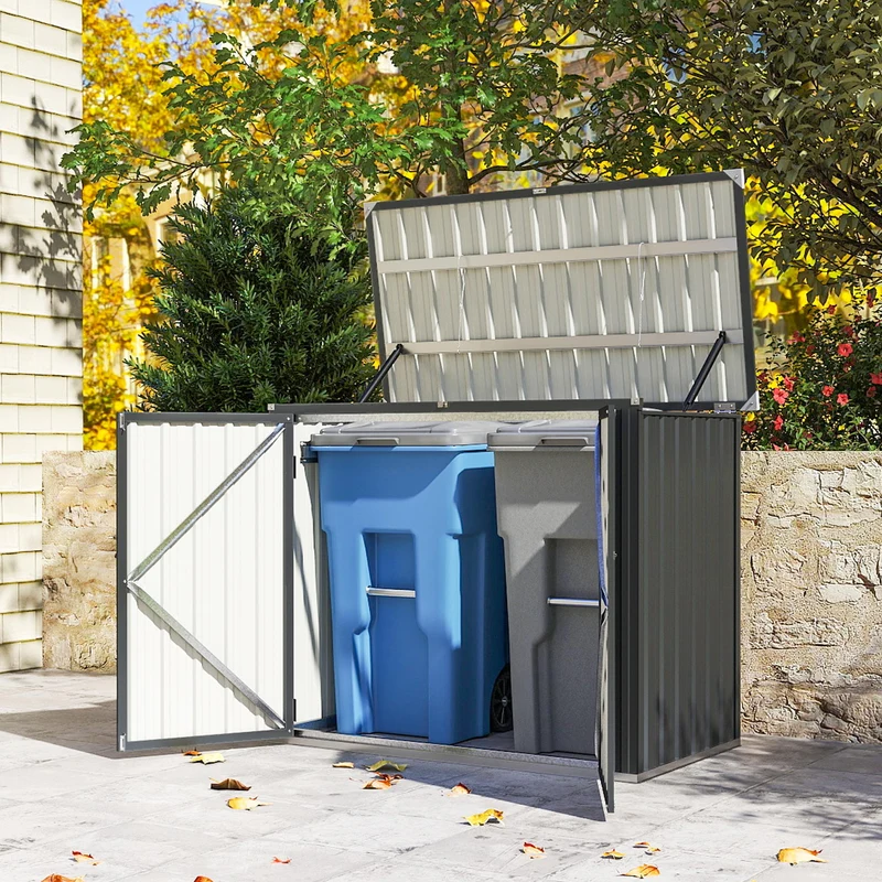 Armadio Box Copri Bidoni da Esterno 150x80x117-115 cm con 2 Porte Bloccabili e Tetto Apribile in Acciaio Grigio
