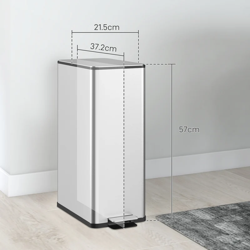 Cestino Spazzatura 20L con Chiusura Ammortizzata e Secchio Rimovibile, in Acciaio e PP, 21.5x37.2x57 cm, Argento