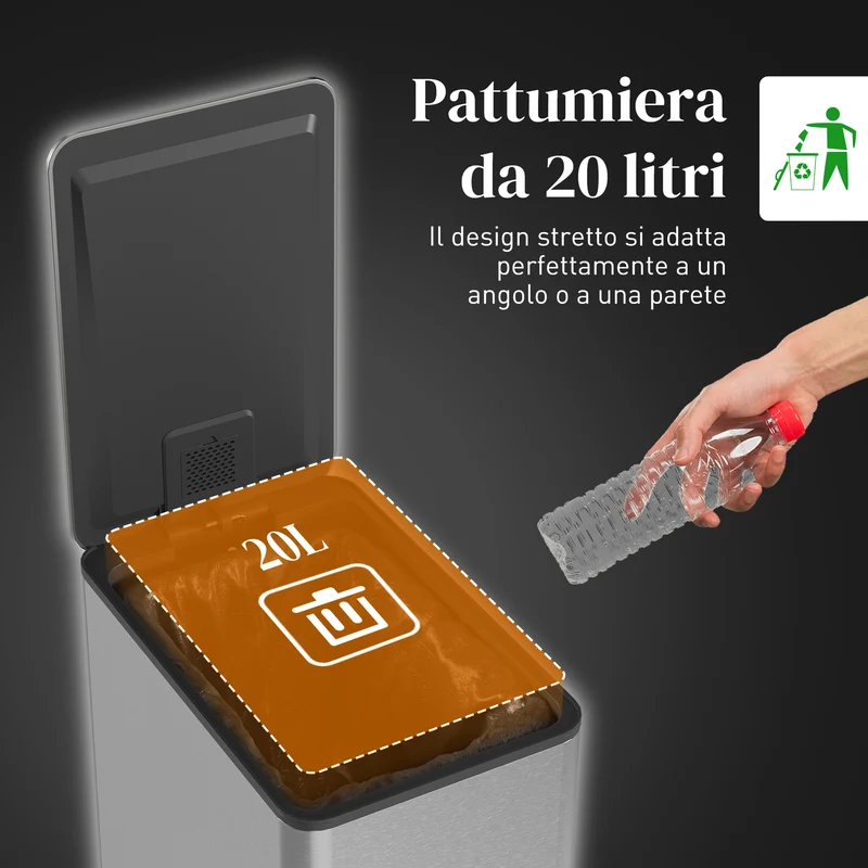 Cestino Spazzatura 20L con Chiusura Ammortizzata e Secchio Rimovibile, in Acciaio e PP, 21.5x37.2x57 cm, Argento