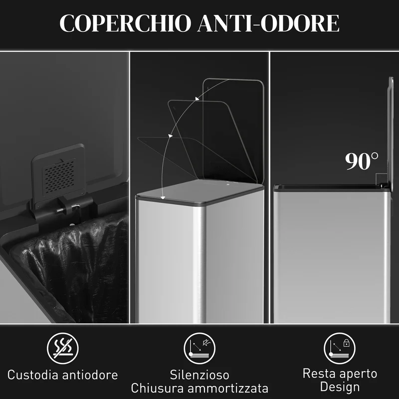 Cestino Spazzatura 20L con Chiusura Ammortizzata e Secchio Rimovibile, in Acciaio e PP, 21.5x37.2x57 cm, Argento