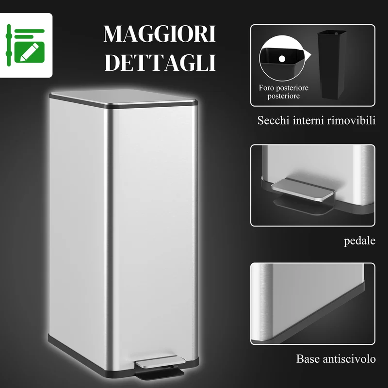 Cestino Spazzatura 20L con Chiusura Ammortizzata e Secchio Rimovibile, in Acciaio e PP, 21.5x37.2x57 cm, Argento