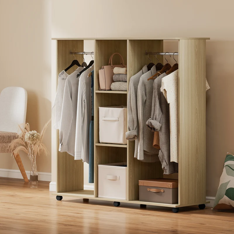Armadio Guardaroba a Rotelle 120x40x128 cm con 2 Barre e 3 Ripiani Aperti in Legno e Alluminio Color Legno