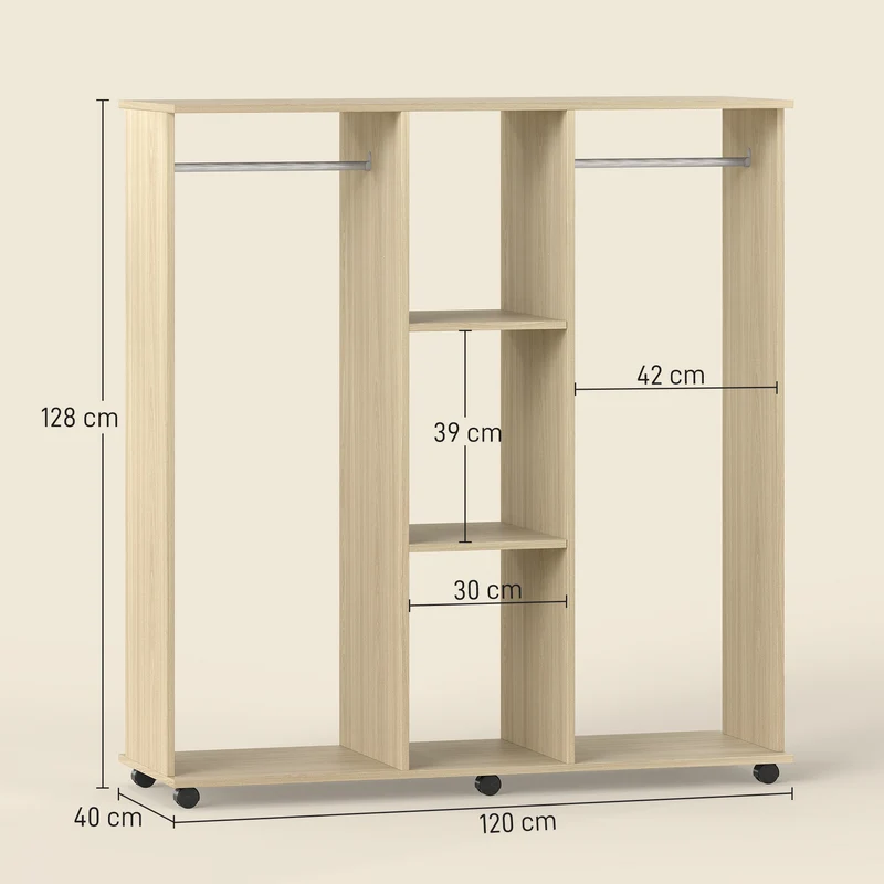 Armadio Guardaroba a Rotelle 120x40x128 cm con 2 Barre e 3 Ripiani Aperti in Legno e Alluminio Color Legno