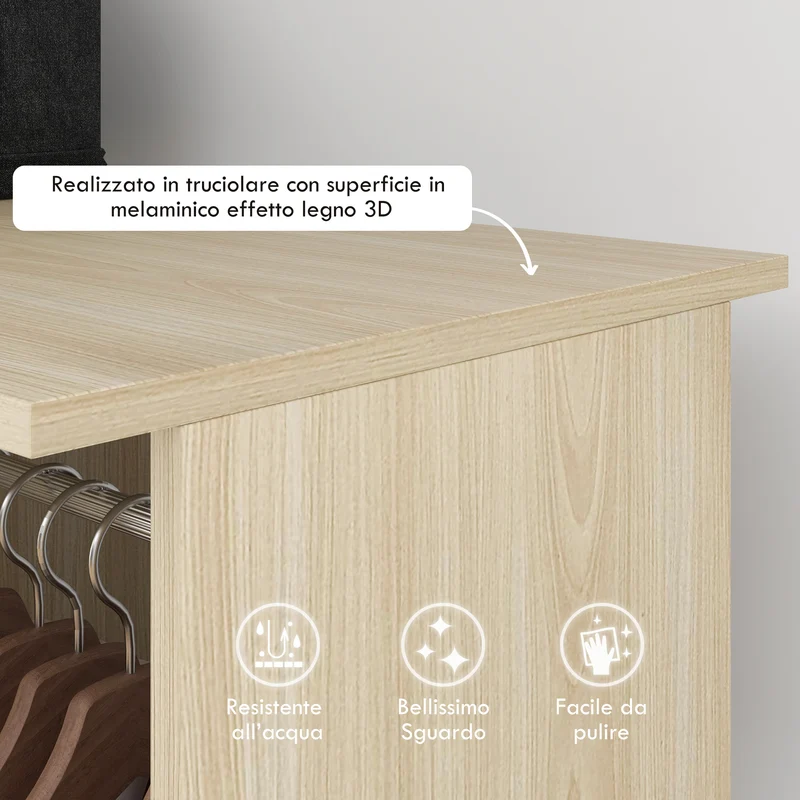 Armadio Guardaroba a Rotelle 120x40x128 cm con 2 Barre e 3 Ripiani Aperti in Legno e Alluminio Color Legno