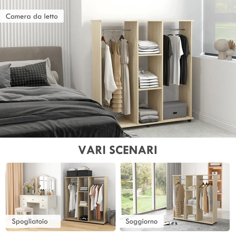 Armadio Guardaroba a Rotelle 120x40x128 cm con 2 Barre e 3 Ripiani Aperti in Legno e Alluminio Color Legno