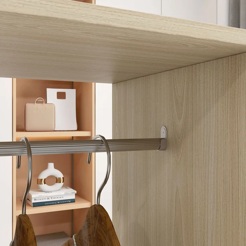 Armadio Guardaroba a Rotelle 120x40x128 cm con 2 Barre e 3 Ripiani Aperti in Legno e Alluminio Color Legno