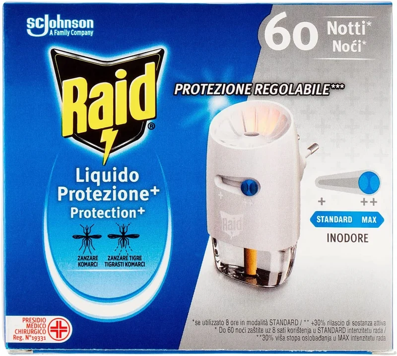 RAID ANTIZANZARE PROTEZIONE REGOLABILE 60 NOTTI 1 DIFFUSORE CON 1 RICARICA 36 ML
