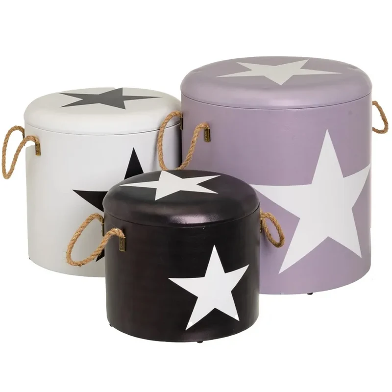 Set 3 Pouf Bauli Contenitori Star Poggiapiedi Capiente con Coperchio Rimovibile in Similpelle Nero Grigio Bianco