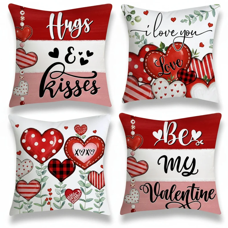Valentine's Day Throw Pillow Covers Set of Four with Hidden Zipper and Heart Pattern