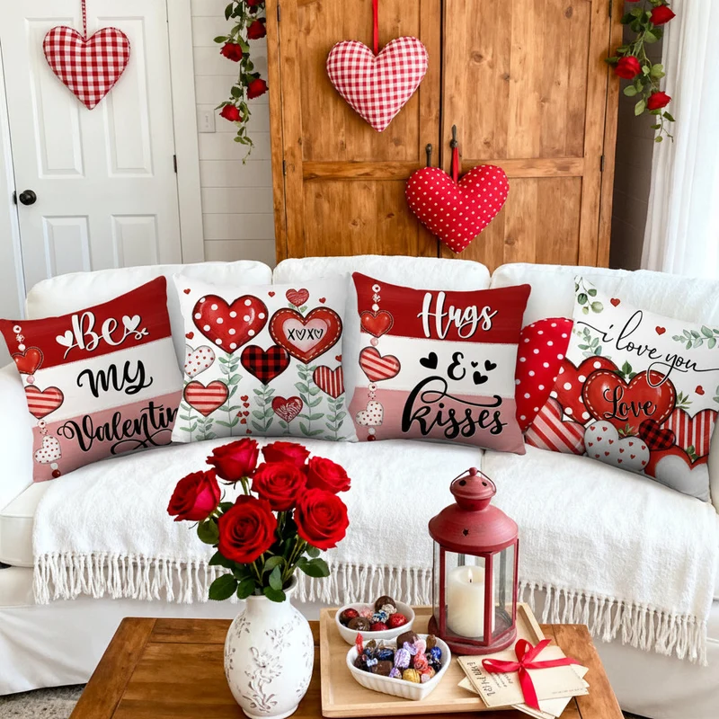 Valentine's Day Throw Pillow Covers Set of Four with Hidden Zipper and Heart Pattern