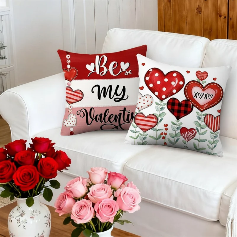 Valentine's Day Throw Pillow Covers Set of Four with Hidden Zipper and Heart Pattern