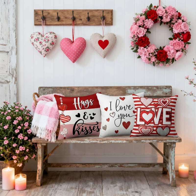Valentine's Day Throw Pillow Covers Set of Four with Hidden Zipper and Heart Pattern