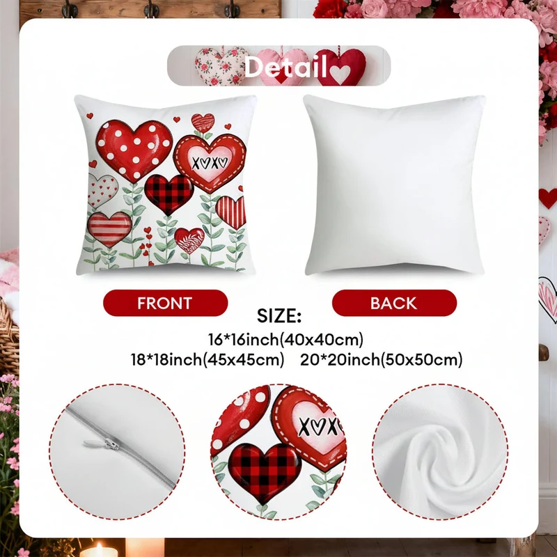 Valentine's Day Throw Pillow Covers Set of Four with Hidden Zipper and Heart Pattern