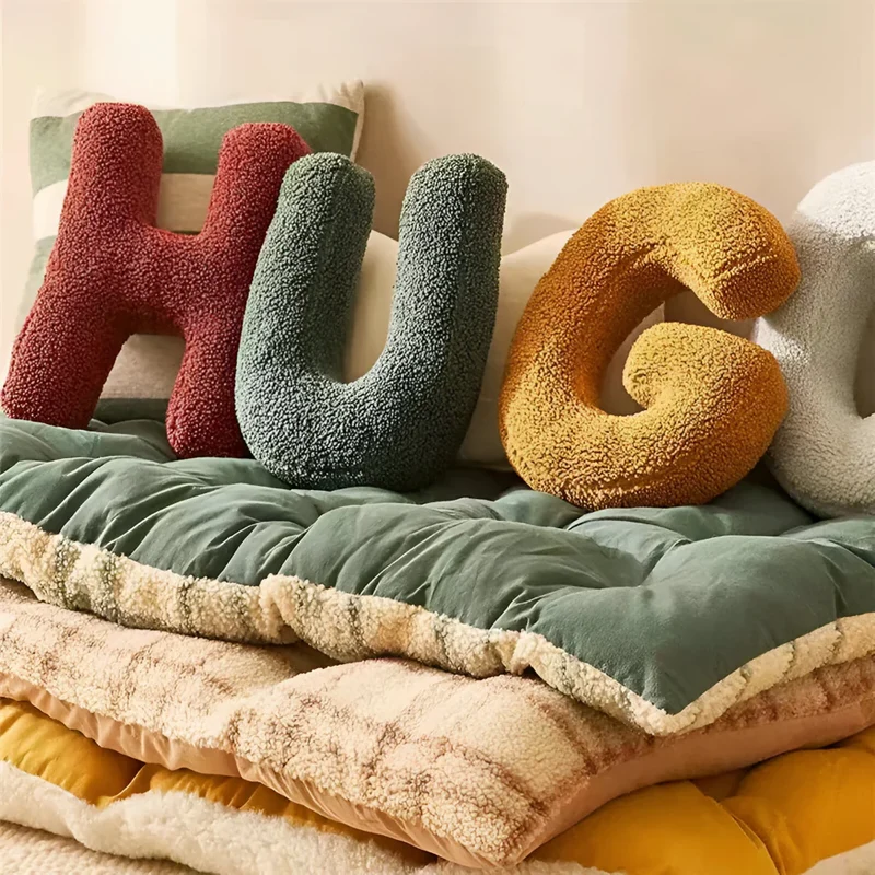 Decorative Throw Pillow Letter Shaped with Sherpa Fleece Bouclé Texture