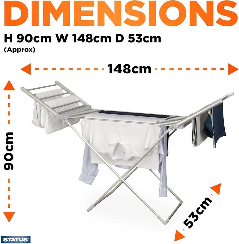 Foldable Clothes Horse Drying Rack with Heated Bars and Extendable Wings