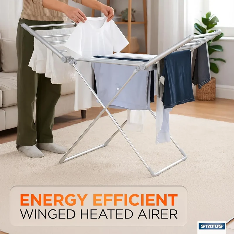 Foldable Clothes Horse Drying Rack with Heated Bars and Extendable Wings