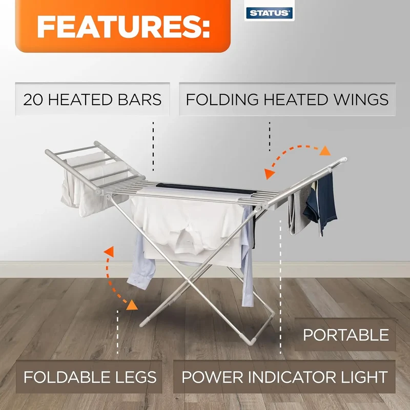 Foldable Clothes Horse Drying Rack with Heated Bars and Extendable Wings
