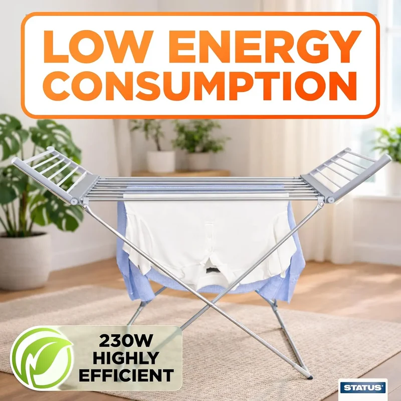 Foldable Clothes Horse Drying Rack with Heated Bars and Extendable Wings