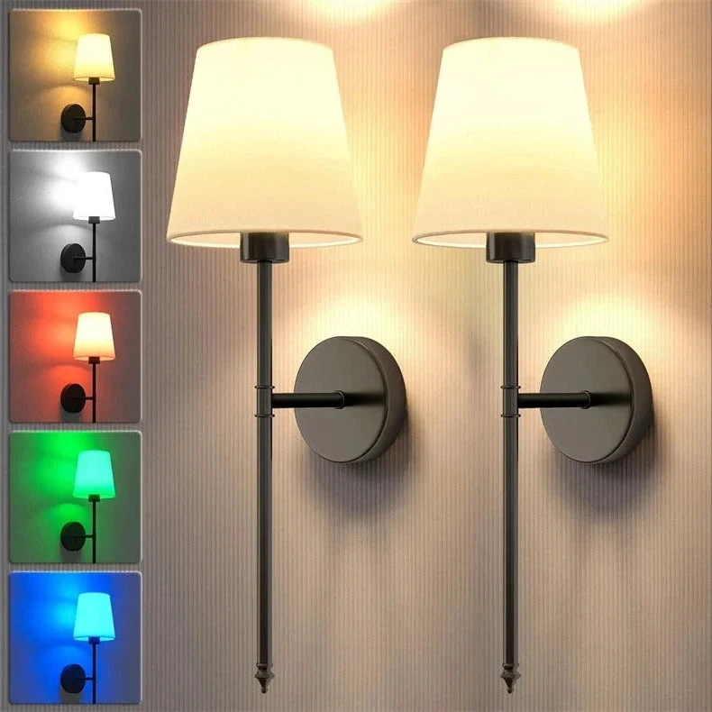 Battery Operated Sconces with Remote Control Wireless Fabric Shade Wall Lamps Set of 2