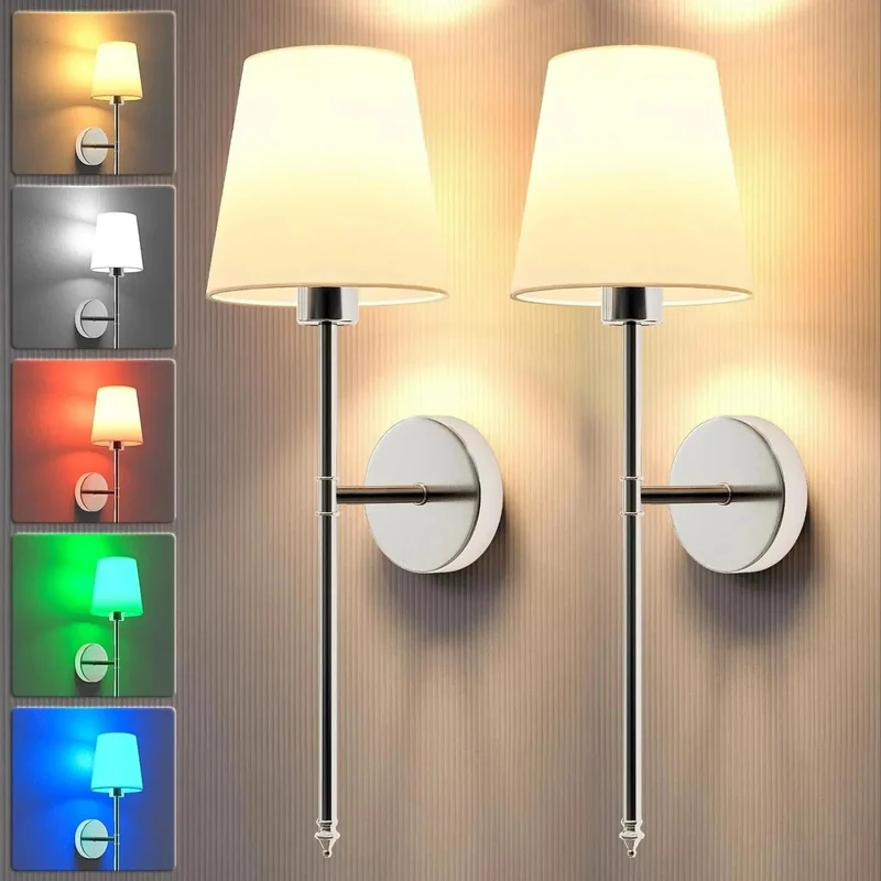 Battery Operated Sconces with Remote Control Wireless Fabric Shade Wall Lamps Set of 2