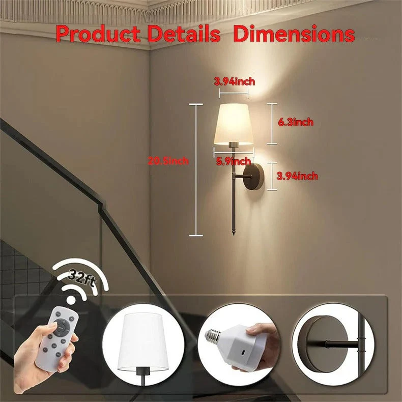 Battery Operated Sconces with Remote Control Wireless Fabric Shade Wall Lamps Set of 2