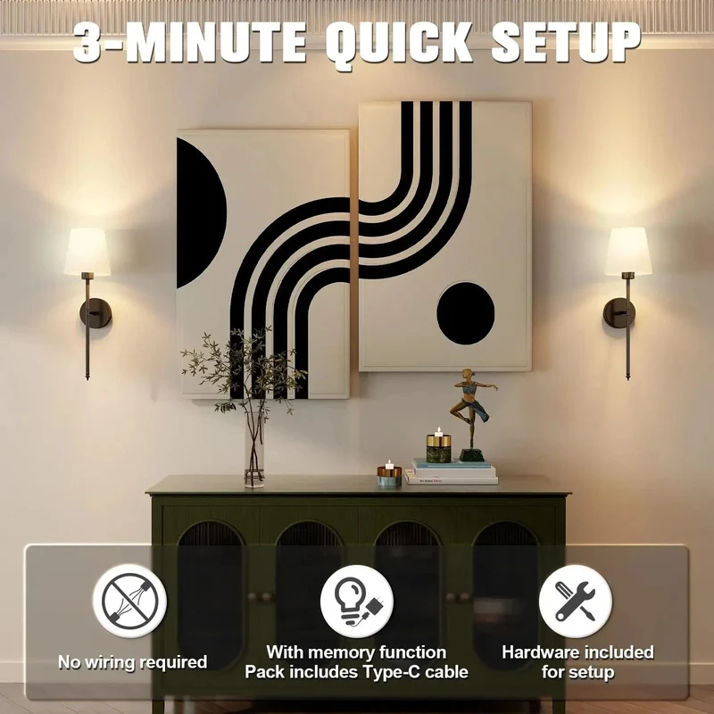 Battery Operated Sconces with Remote Control Wireless Fabric Shade Wall Lamps Set of 2