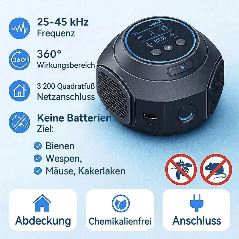 Ultraschall Wespen, Bienen & Mäuse Vertreiber | 360 Grad Schädlingsabwehr für Haus und Terrasse | Schallwacht
