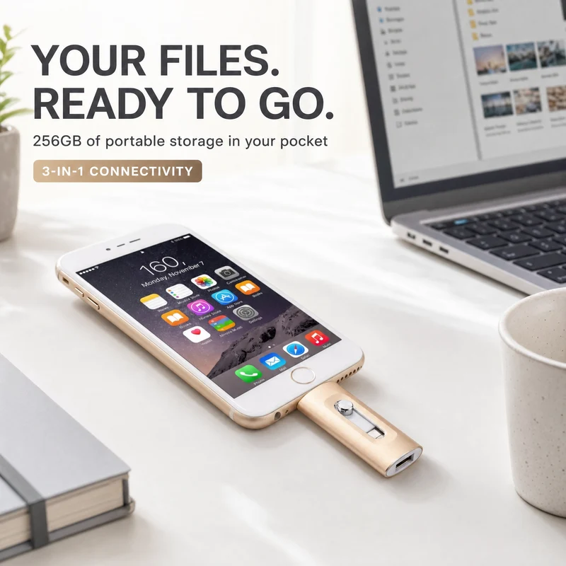 USB Stick 256GB – 3-in-1 Opslag voor iPhone, Smartphone & PC