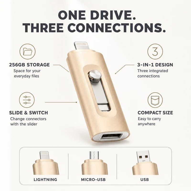 USB Stick 256GB – 3-in-1 Opslag voor iPhone, Smartphone & PC