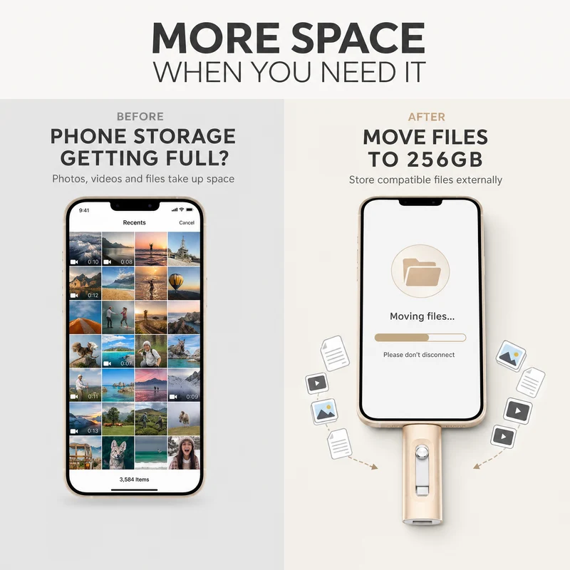 USB Stick 256GB – 3-in-1 Opslag voor iPhone, Smartphone & PC