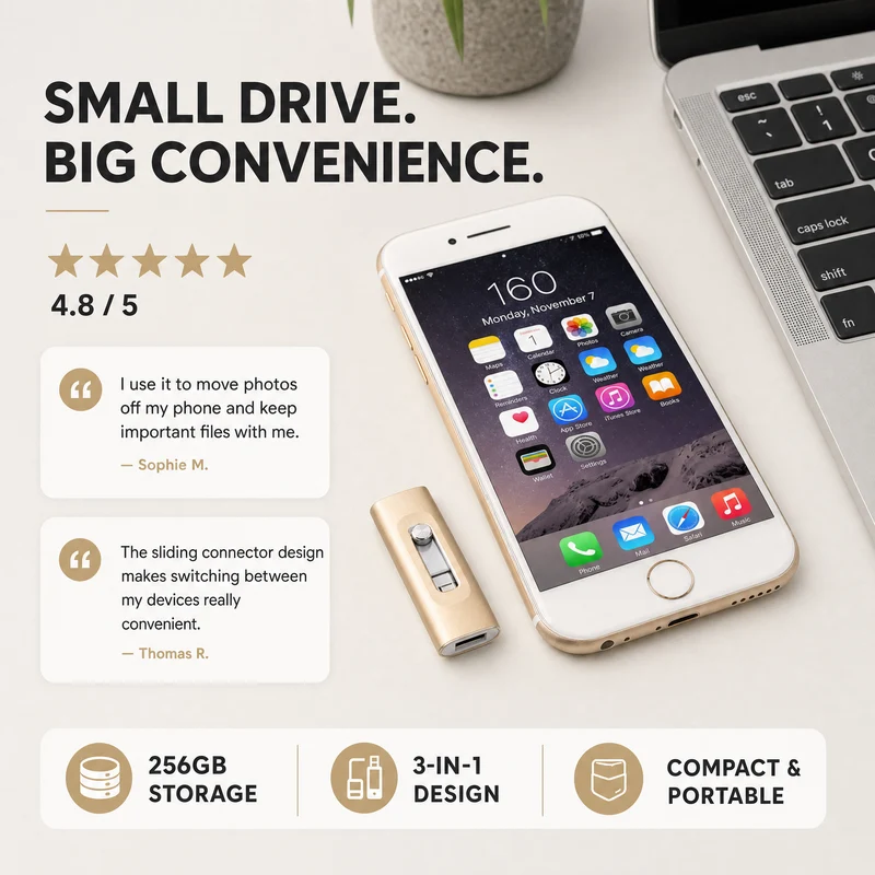 USB Stick 256GB – 3-in-1 Opslag voor iPhone, Smartphone & PC