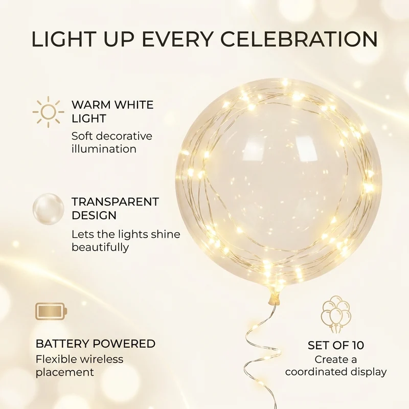 LED Ballonnen – 10 Stuks met Lichtsnoer voor Feesten & Bruiloften