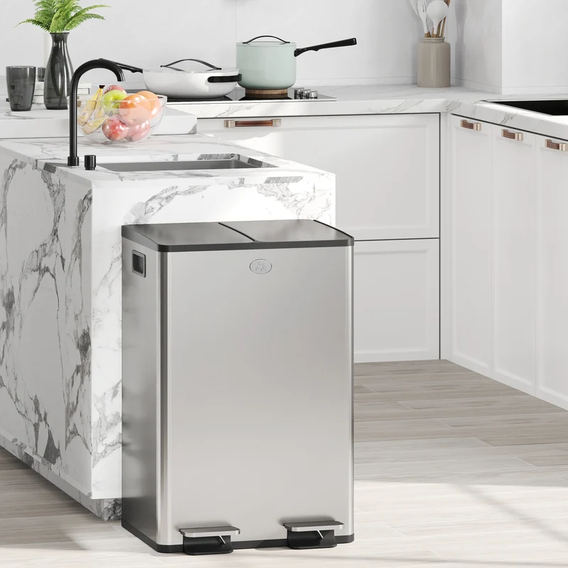 Pattumiera Differenziata Cestino Spazzatura 2 Scomparti da 28L in Acciaio Inox Argento