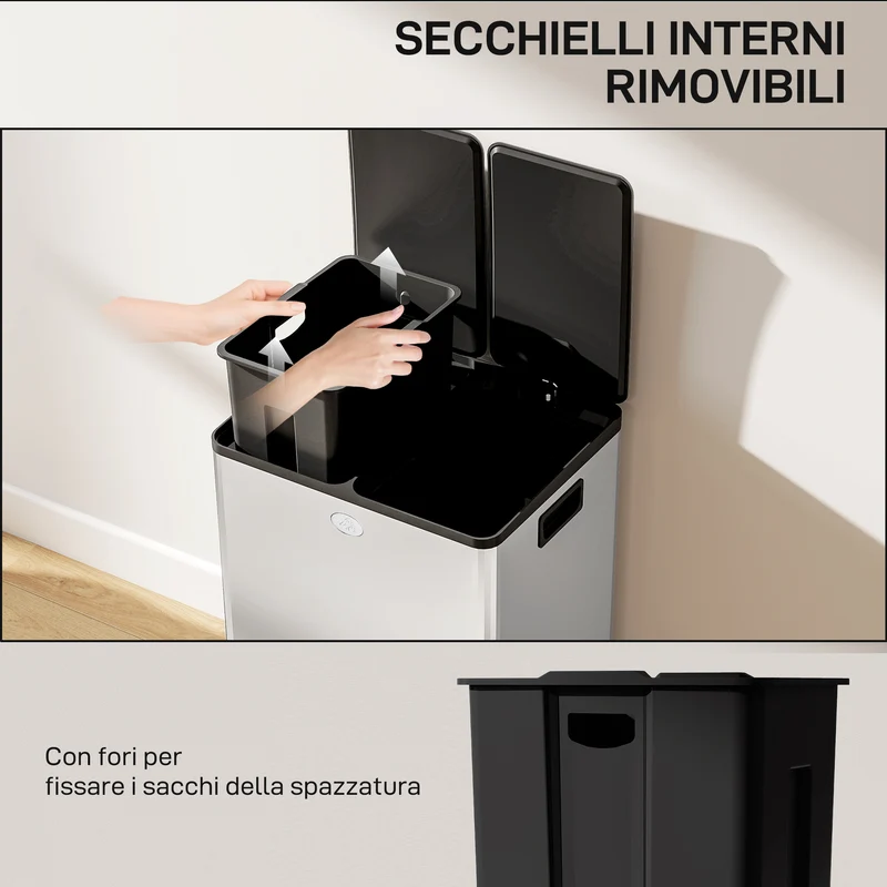 Pattumiera Differenziata Cestino Spazzatura 2 Scomparti da 28L in Acciaio Inox Argento