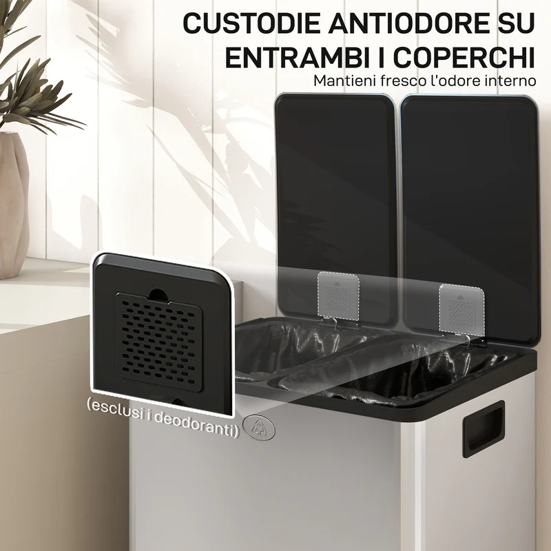 Pattumiera Differenziata Cestino Spazzatura 2 Scomparti da 28L in Acciaio Inox Argento